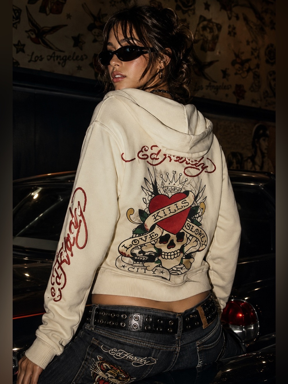 Ed Hardy Love Kills Slowly Zip Hoodie Y2K Skull Heart Cream Red Large